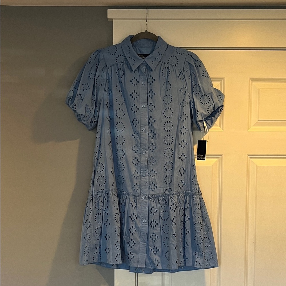 Donna Morgan Light Blue Eyelet Button-Front Dress